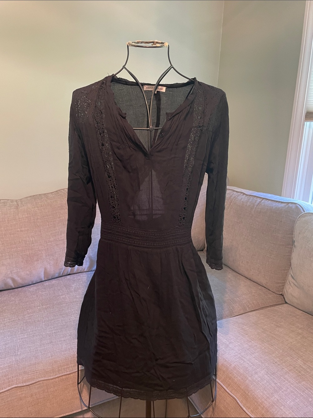 Heartloom Black Long Sleeve Lace-Trim V-Neck Dress